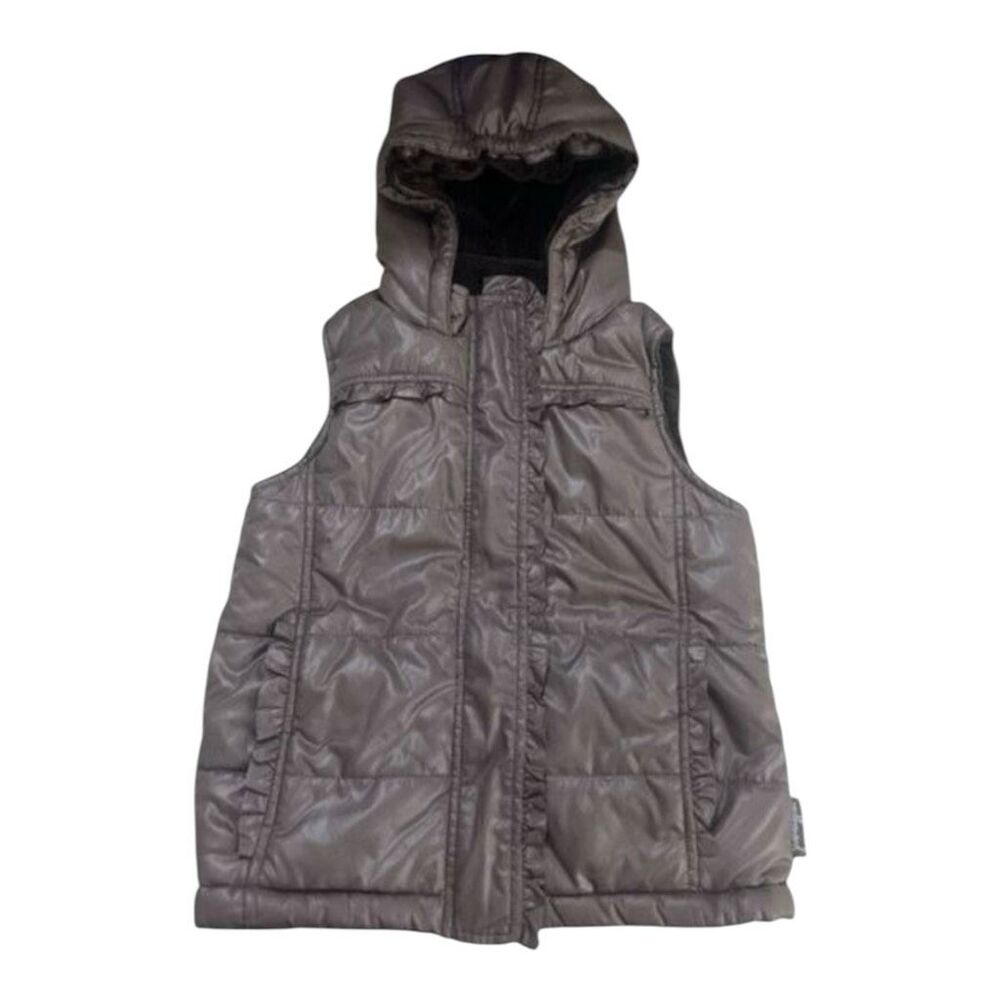 WEATHERPROOF girls Chocolate Brown Ruffled Lined Hooded Puffer Vest Size 6/6X